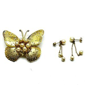 Simulated Pearl Married Set Butterfly Pin Dangle Earrings Gold Tone Garden